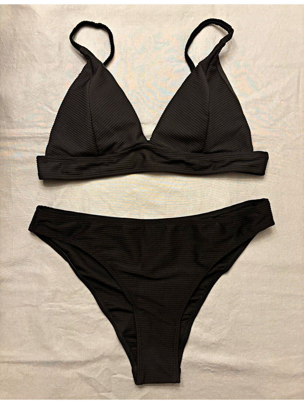 Black Ribbed Triangle Bikini 2-Piece Set Adjustable Strap Women’s XL